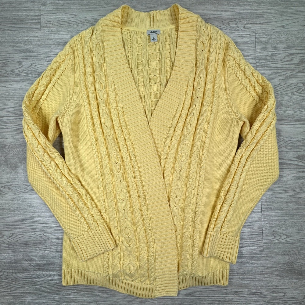 LL Bean Women's Cardigan Sweater Cable Knit Open Front Yellow Large Cotton